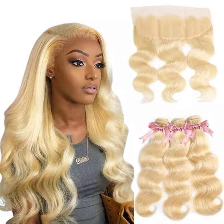 613# Blonde with Free Part Remy Human Hair Body Wave 3Bundles with 13x4 Lace Frontal-Aaliweya