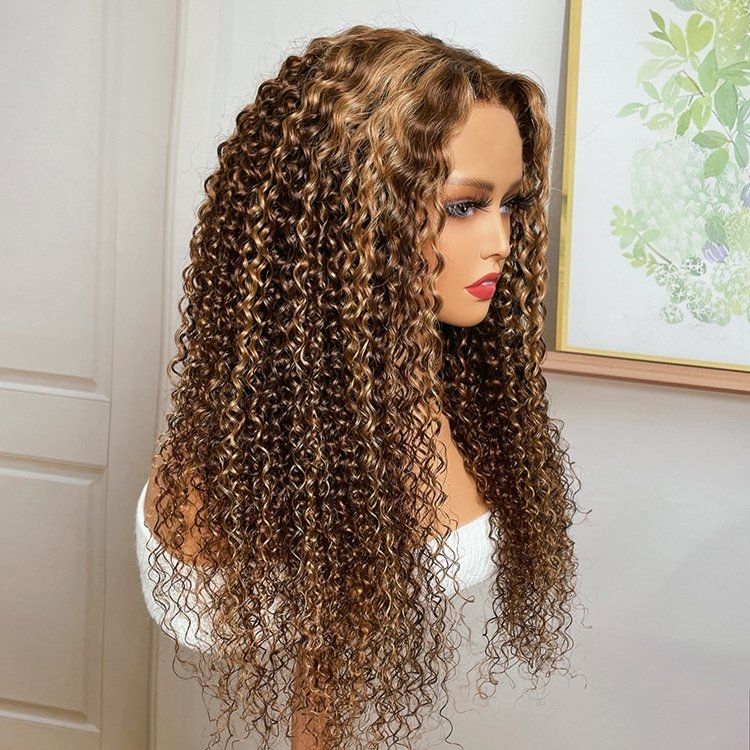 [Aicrelery] Honey Blonde Highlights #4/27 Colored Curly HD Lace 100% Virgin Human Hair Wigs