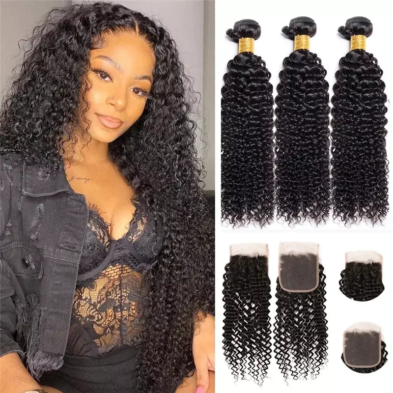 Black Jerry Curl Hair 3 Bundles with 4x4 Lace Closure 100% Virgin Human Hair Weave-Aaliweya