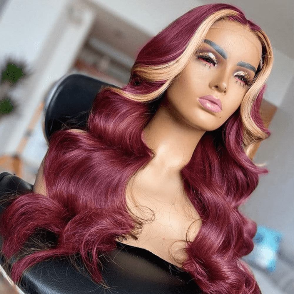 Burgundy 613 Blonde Skunk Stripe Body Wave 13x4 Lace Front Wigs For Women-Zlike