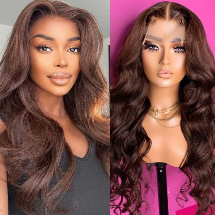 Zlike #4 Chocolate Brown Body Wave Wig Lace Front Human Hair Wigs Natural Hairline