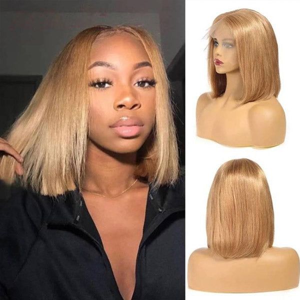 Zlike Short Ombre Honey #27 Blonde Bob Wig With Baby Hair Honey Brown Straight Human Hair Wigs