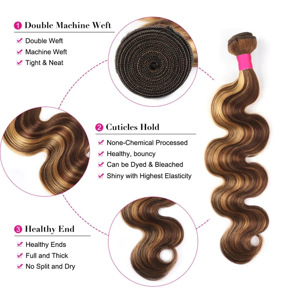 Highlight P4/27 Virgin Hair Body Wave 4 Bundles Human Hair Weaves-Zlike