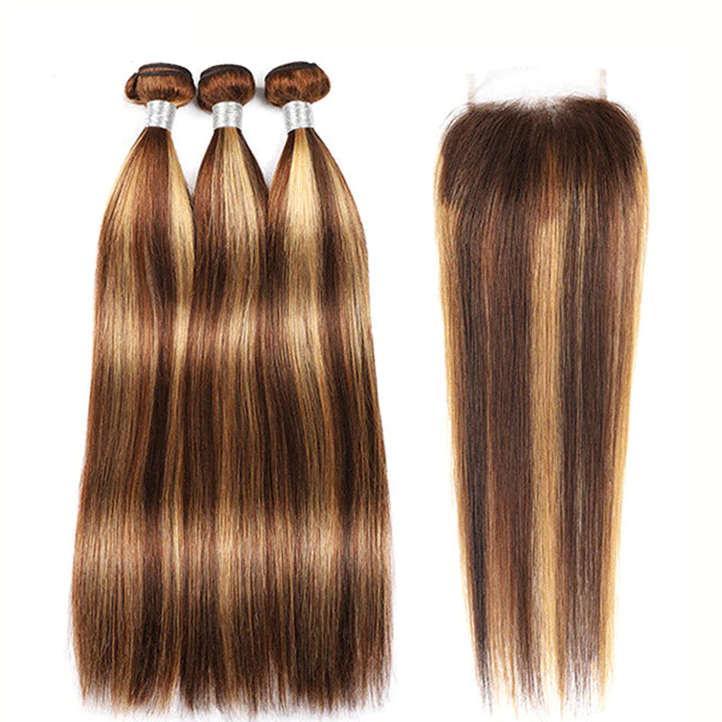 Highlight P4/27 Straight Hair 3 Bundles With 4x4 Lace Closure 100% Virgin Human Hair-Zlike