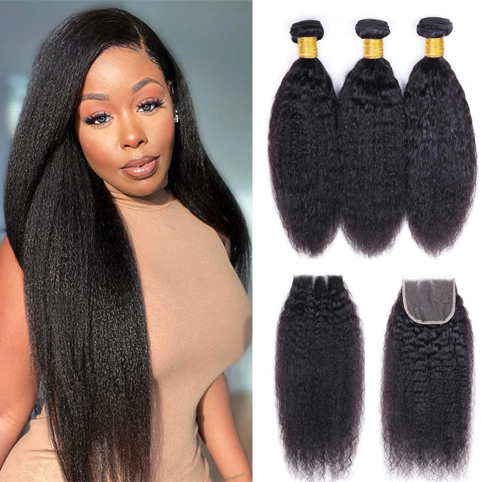 Yaki Straight 3 Bundles 4x4 Lace Closure Virgin Human