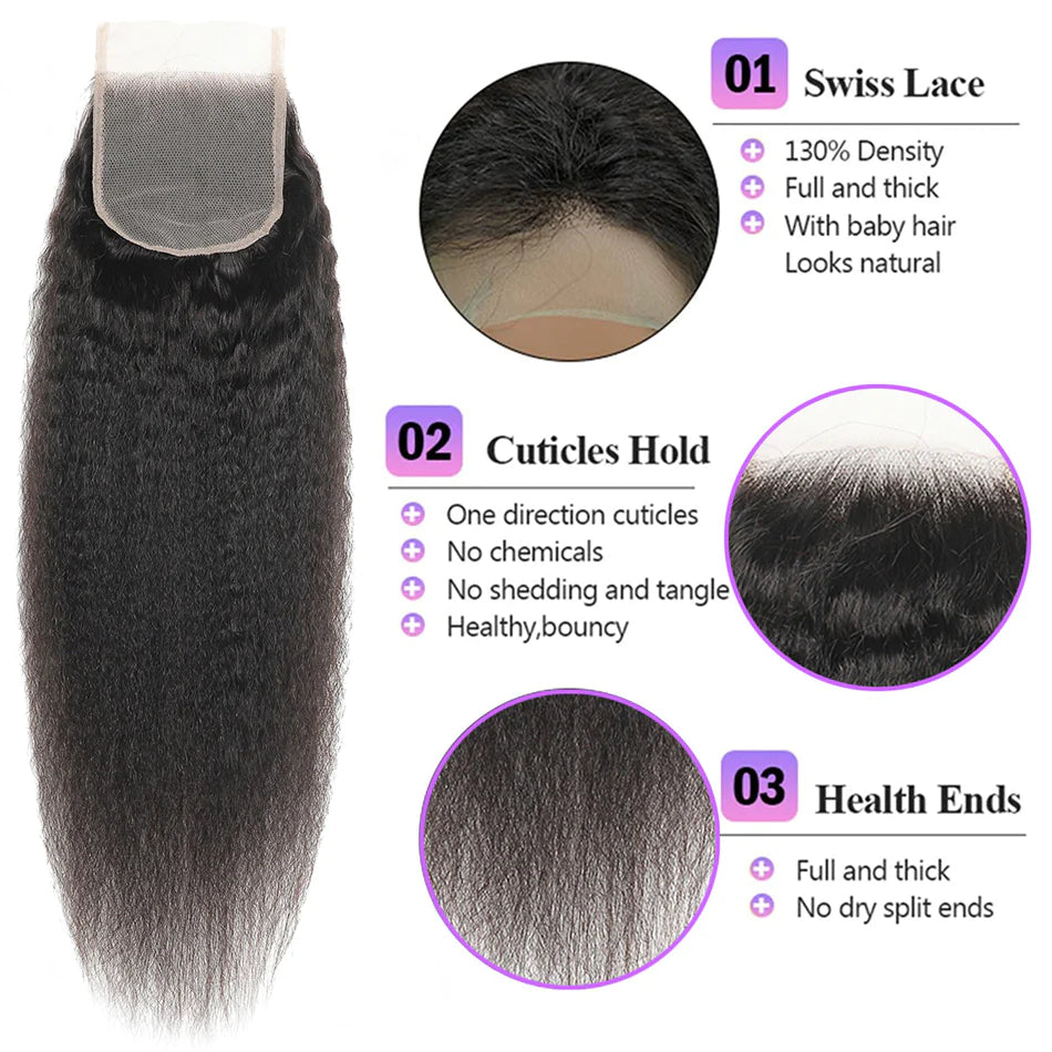 Yaki Straight 3 Bundles With 4x4 Lace Closure Virgin Human Hair-Zlike