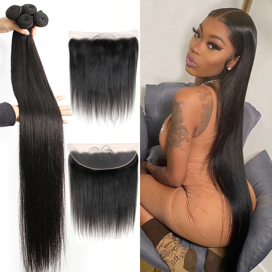 Long Straight Hair 3 Bundles With 13x4 Lace Frontal 100% Virgin Human Hair-Zlike