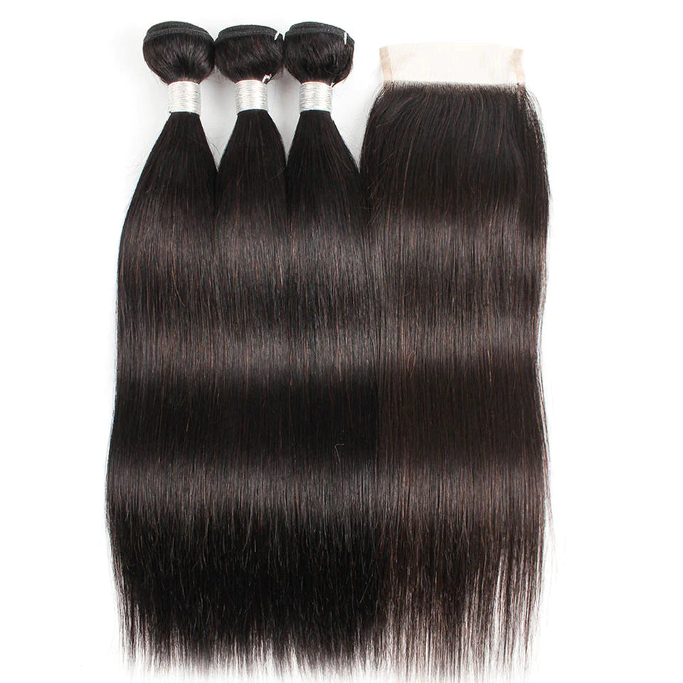 Long Straight Hair 3 Bundles With 4x4 Lace Closure 100% Virgin Human Hair-Zlike