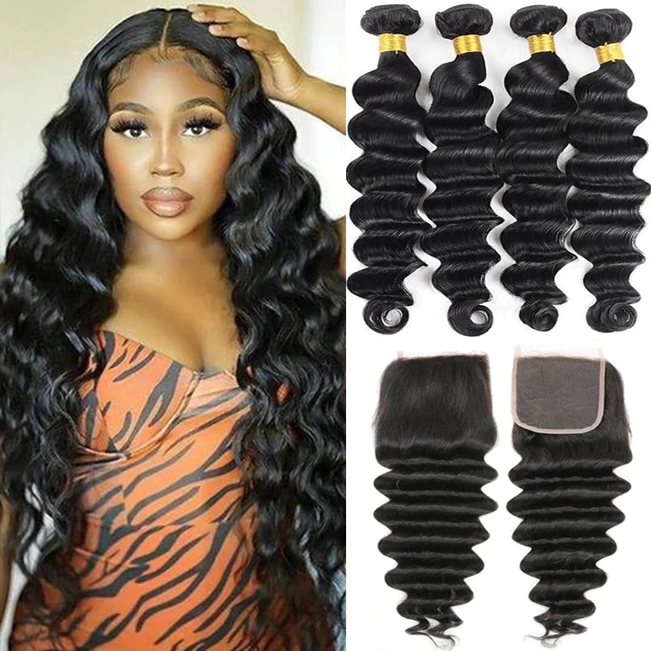 Loose Wave 4 Bundles 4x4 Lace Closure Virgin Human