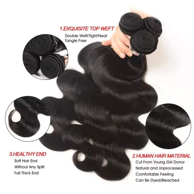 Body Wave Hair 3 Bundles With 4x4 Lace Closure Unprocessed Human Virgin Hair-Aaliweya