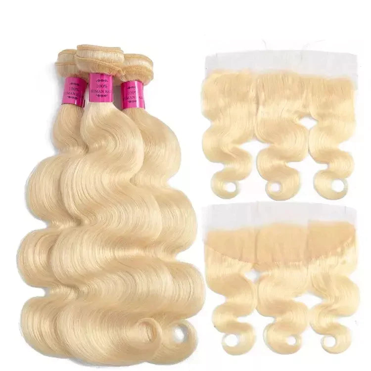 613# Blonde with Free Part Remy Human Hair Body Wave 3Bundles with 13x4 Lace Frontal-Aaliweya