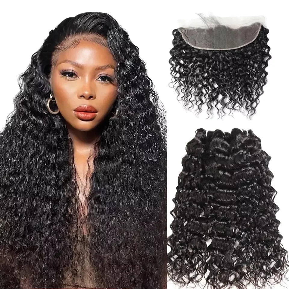 Black Jerry Curl Hair 3 Bundles with 13x4 Lace Frontal 100% Virgin Human Hair Weave-Aaliweya