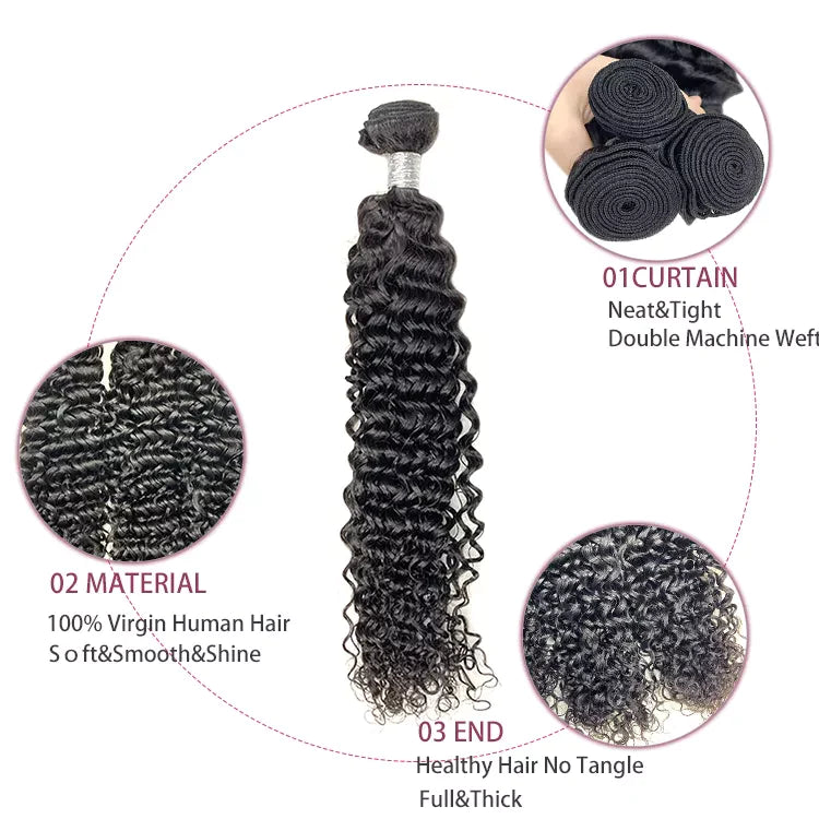 Black Jerry Curl Hair 3 Bundles with 13x4 Lace Frontal 100% Virgin Human Hair Weave-Aaliweya