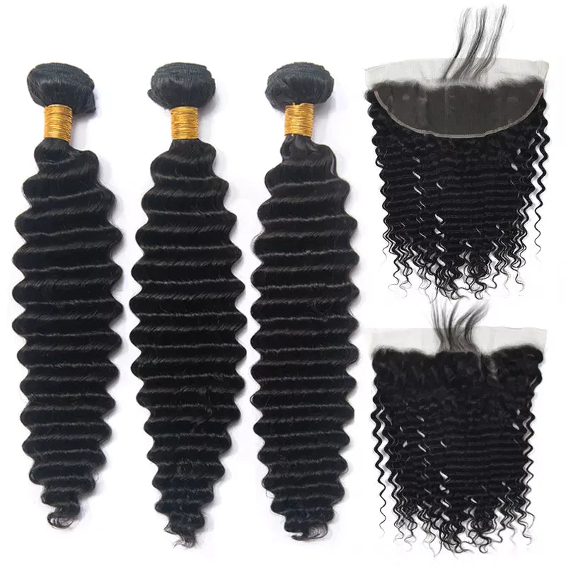 Deep Wave 3 Bundles with 13x4 Frontal 100% Virgin Human Hair-Aaliweya