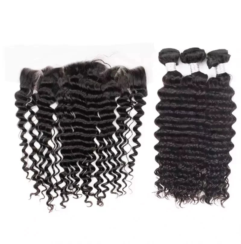 Deep Wave 3 Bundles with 13x4 Frontal 100% Virgin Human Hair-Aaliweya