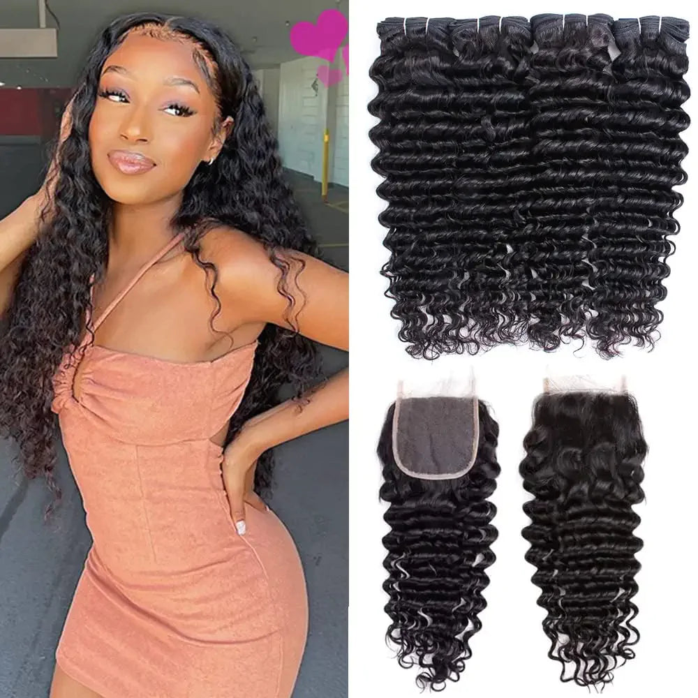 Deep Wave 4 Bundles 4x4 Lace Closure Virgin Brazilian