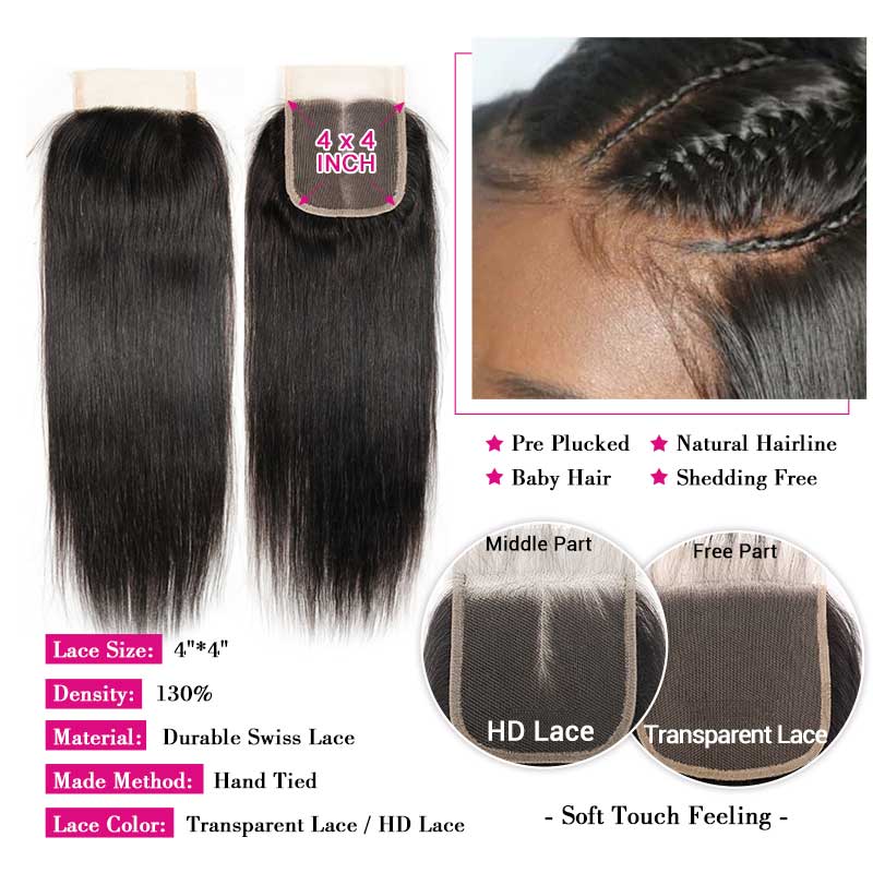 Straight Hair 4 Bundles with 4x4 Lace Closure 100% Unprocessed Human Hair-Zlike