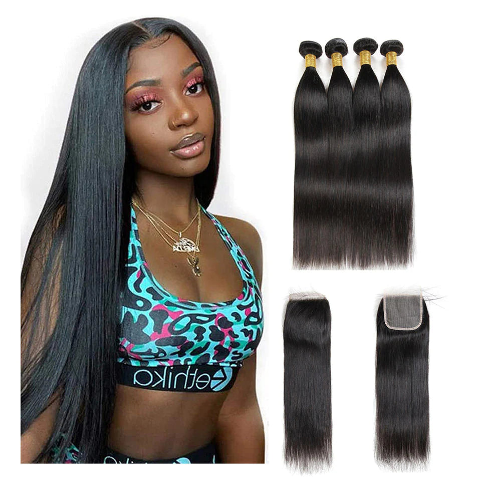 Straight Hair 4 Bundles with 4x4 Lace Closure 100% Unprocessed Human Hair-Zlike