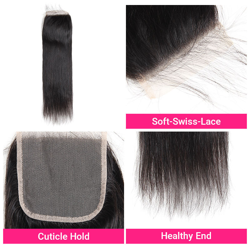 Straight Hair 4 Bundles with 4x4 Lace Closure 100% Unprocessed Human Hair-Zlike