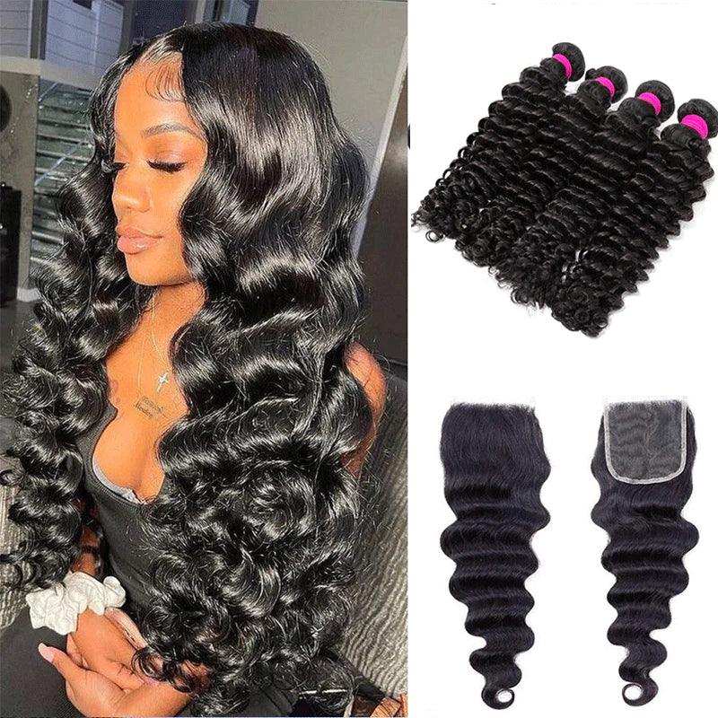 Virgin Hair Loose Deep Wave Hair 4 Bundles with 4x4 Lace Closure-Zlike