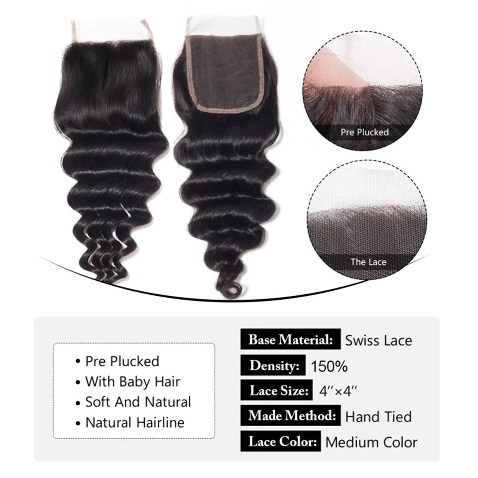 Virgin Hair Loose Deep Wave Hair 4 Bundles with 4x4 Lace Closure-Zlike