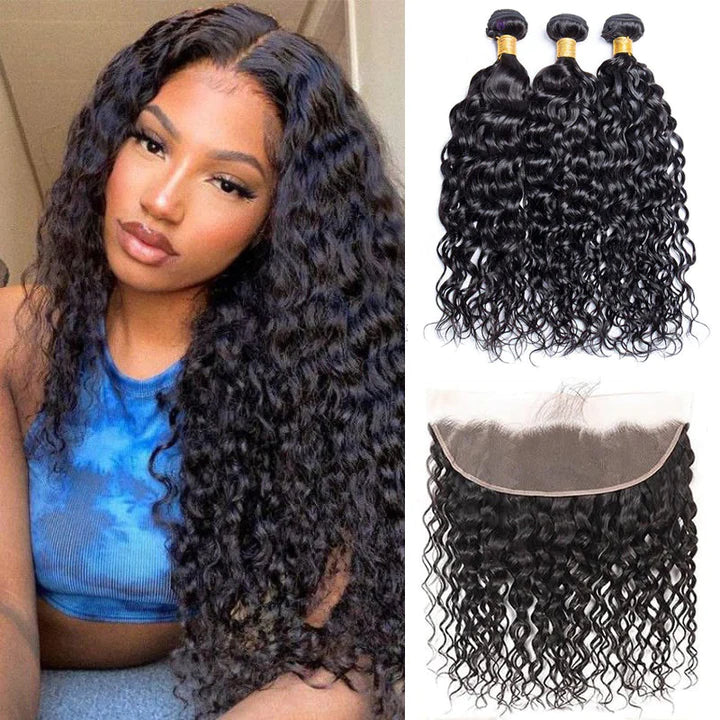 Water Wave Hair 3 Bundles with 13x4 Lace Frontal 100% Virgin Human Hair on Sale-Zlike