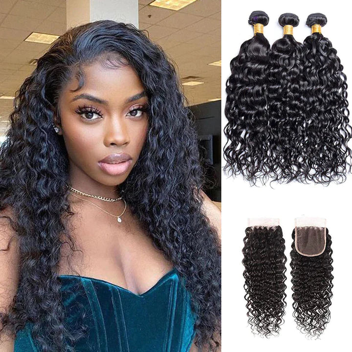 Water Wave 3 Bundles 4x4 Lace Closure 100% Virgin Human on Sale