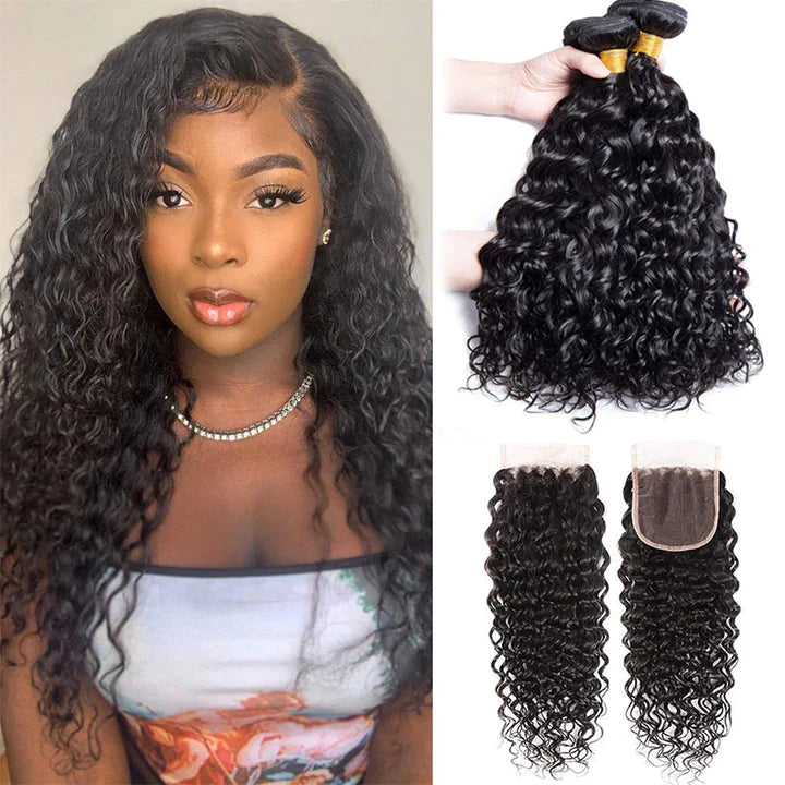 Water Wave 4 Bundles 4x4 Lace Closure 100% Unprocessed Human