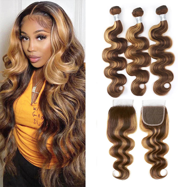 Highlight P4 27 Body Wave 3 Bundles 4x4 Lace Closure Unprocessed Human Virgin