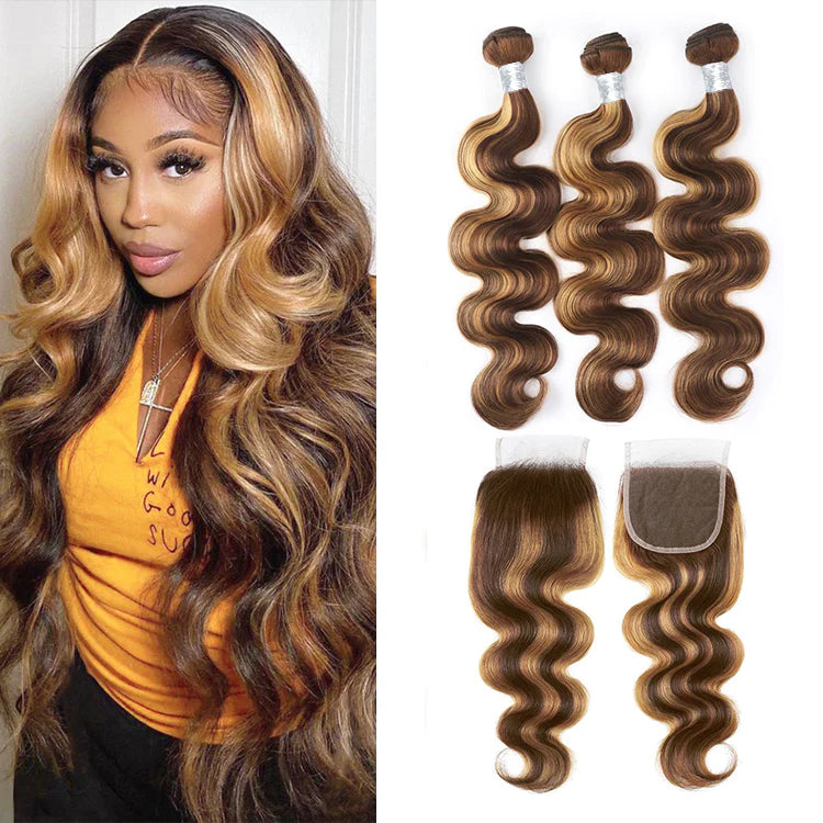 Highlight P4/27 Body Wave Hair 3 Bundles with 4x4 Lace Closure Unprocessed Human Virgin Hair-Zlike