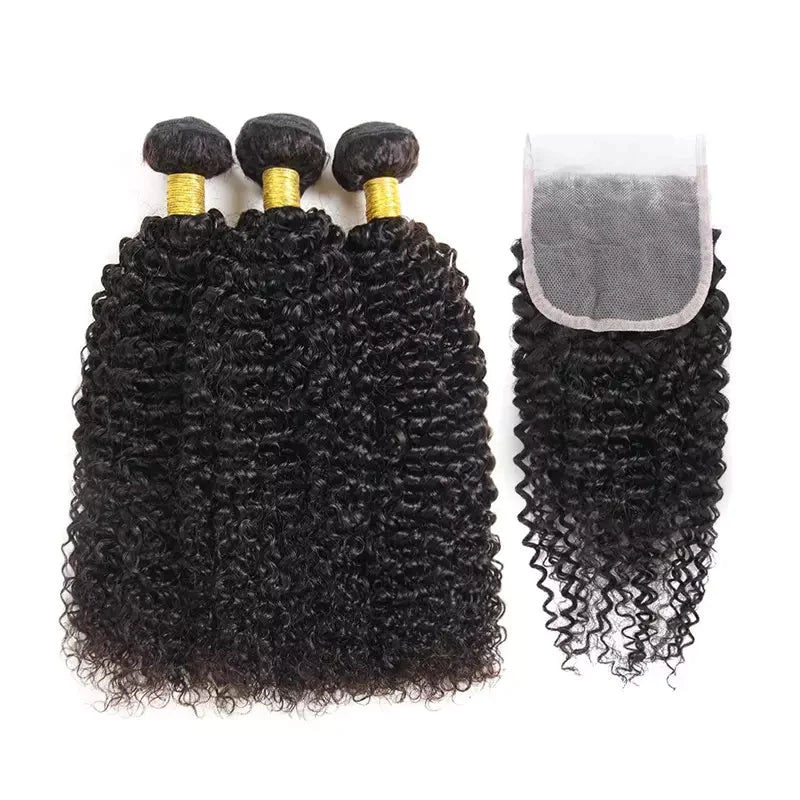 Curly Hair 3 Bundles with 4x4 Lace Closure 100% Virgin Human Hair Soft Shiny Wave Hair-Zlike