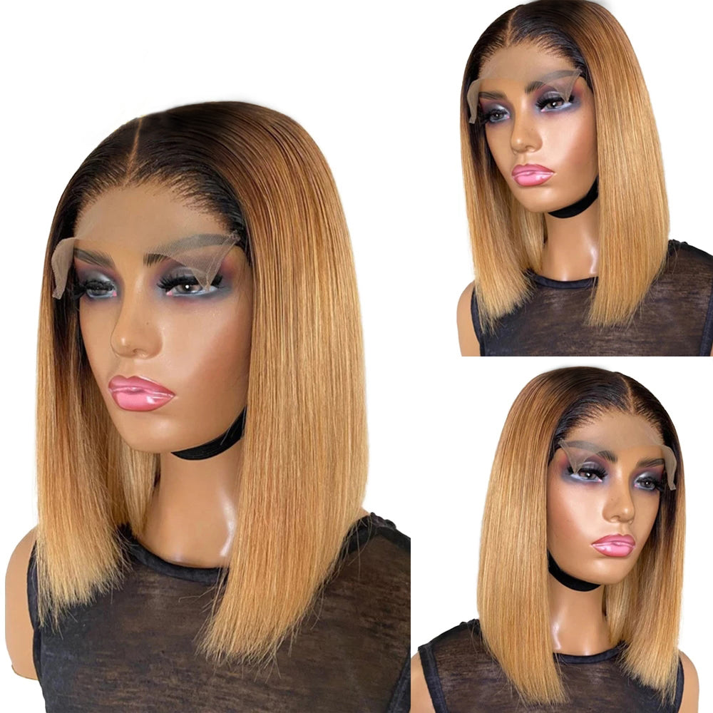 Zlike Short Ombre Honey Blonde 1B/27 Bob Wig Baby Hair Honey Brown Straight Human Hair Wigs