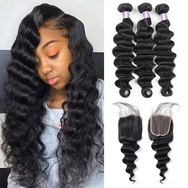 Loose Deep Wave 3 Bundles 4x4 Lace Closure 100% Virgin Human