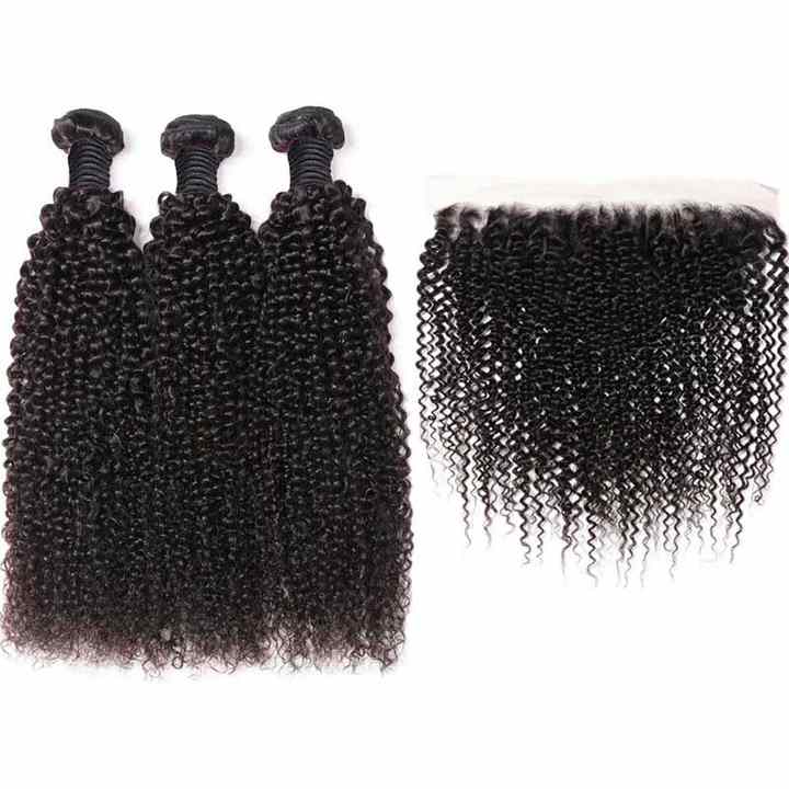 Curly 3 Bundles 13x4 Lace Frontal 100% Virgin Human Soft Shiny Wave