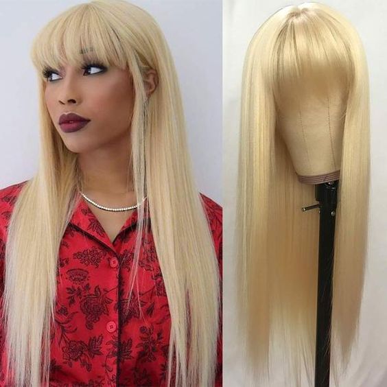 613 Blonde Straight Top Lace Wig With Bangs Natural Color Straight Glueless Human Hair Wigs