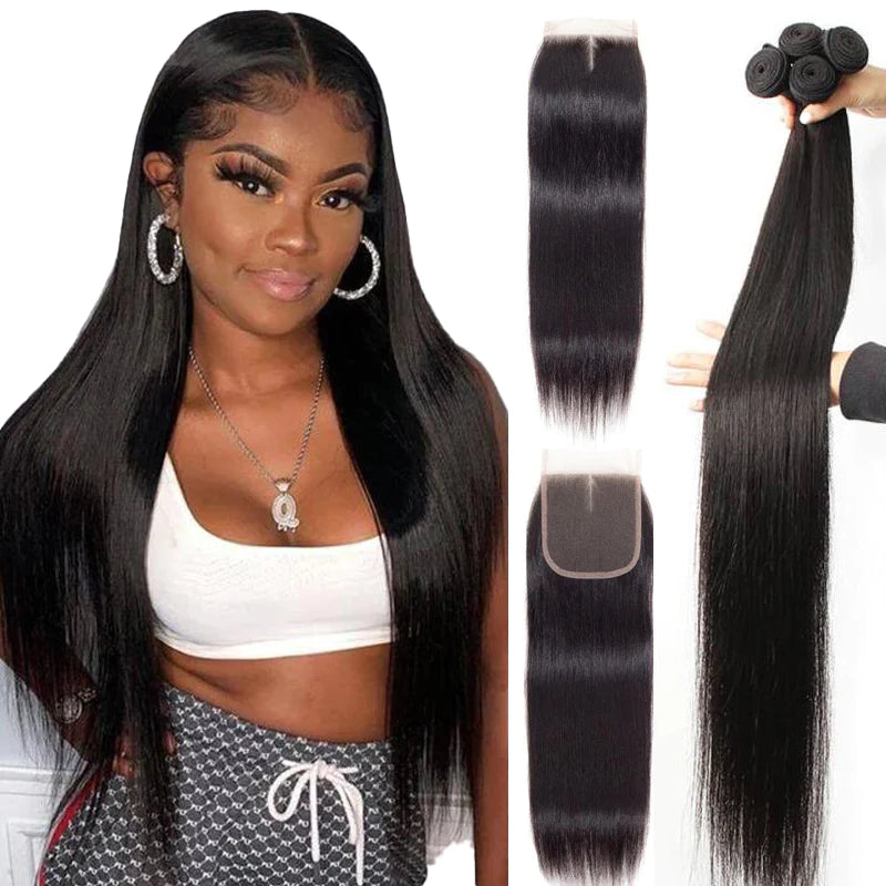 Long Straight 3 Bundles 4x4 Lace Closure 100% Virgin Human