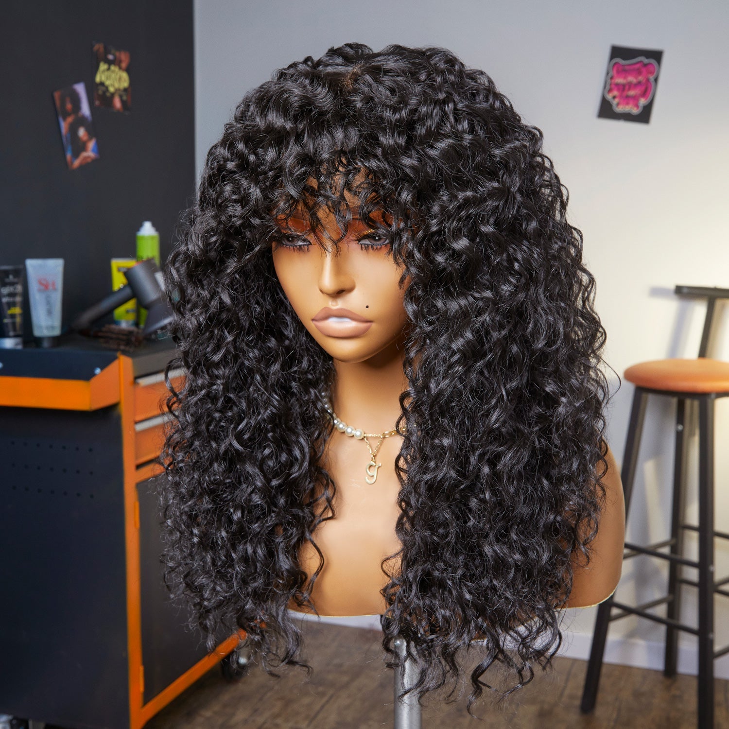 Zlike Curly Wave Wig With Bangs Natural Color Human Hair Glueless Wigs