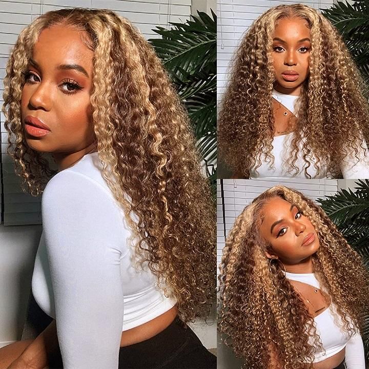 Honey Blonde Highlights #4/27 Colored Curly Transparent Lace 100% Virgin Human Hair Wigs