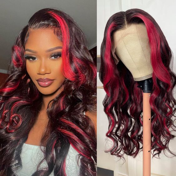 Transparent Lace Straight Body Wave Red Highlight Mix Wigs