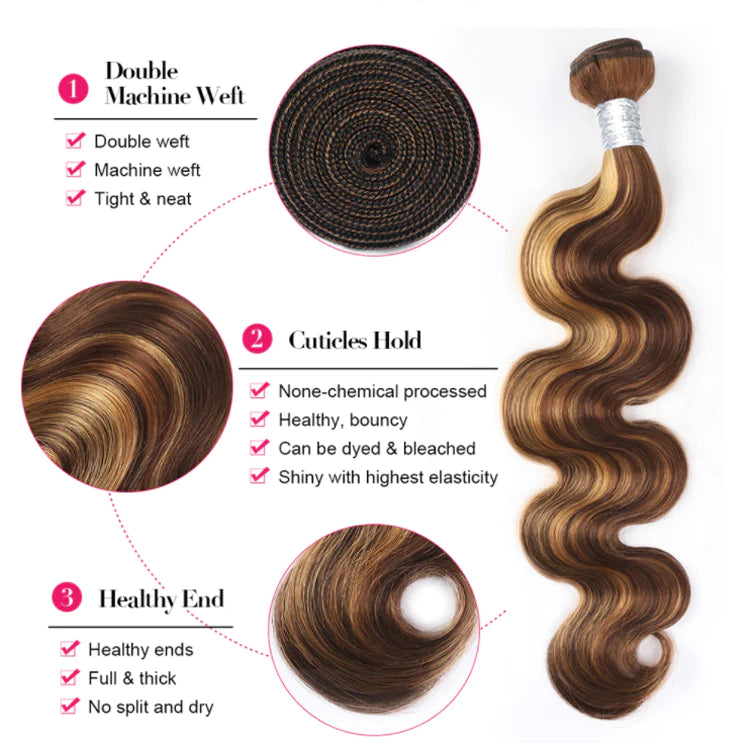 Highlight P4/27 Body Wave Hair 3 Bundles with 4x4 Lace Closure Unprocessed Human Virgin Hair-Zlike