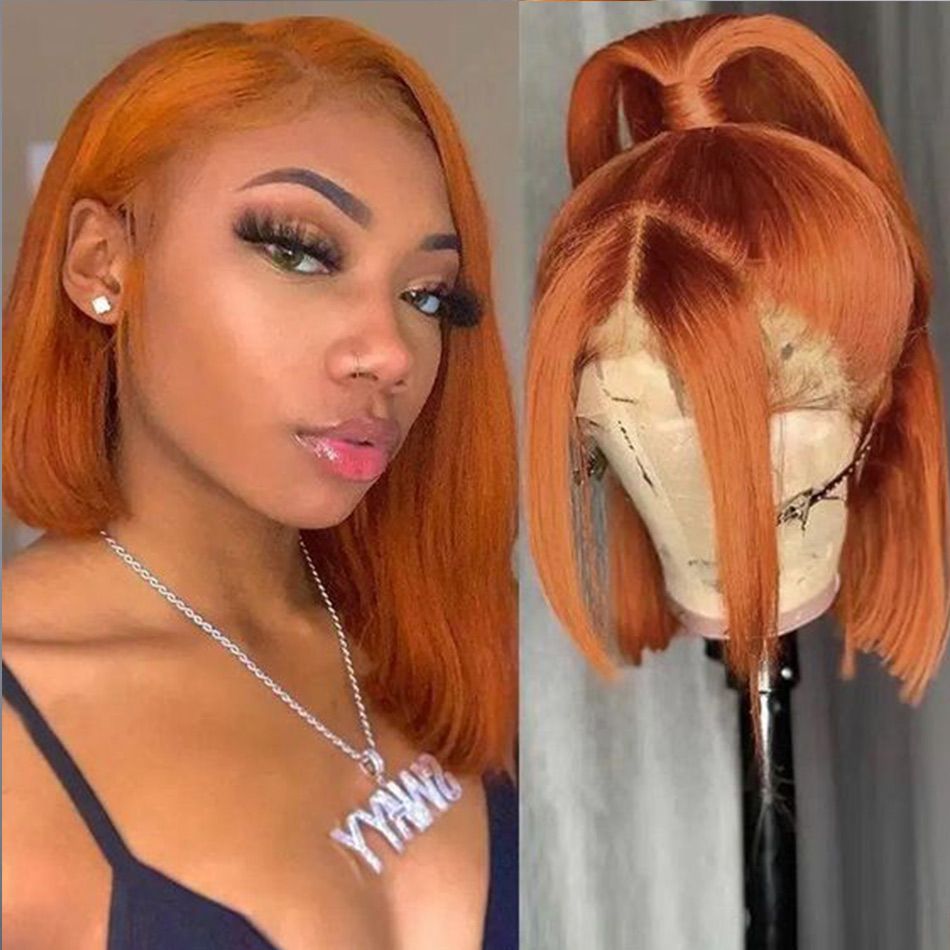 Short Orange Straight Bob Wig Human Hair Lace Front Bob Wigs-Zlike