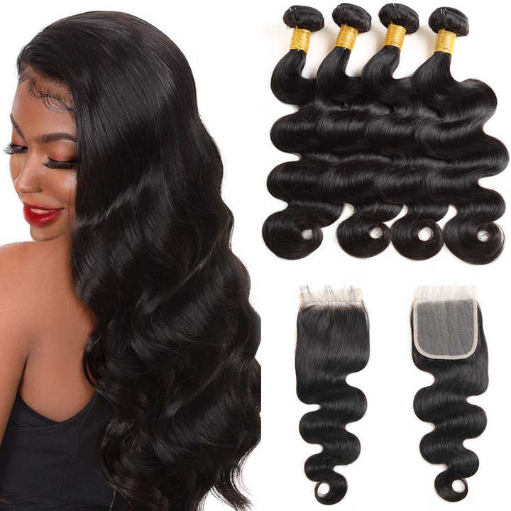 High Quality Virgin Body Wave Human 4 Bundles 4x4 Lace Closure
