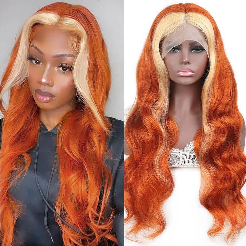 Ginger 613 Blonde Skunk Stripe Body Wave 13x4 Lace Front Wig