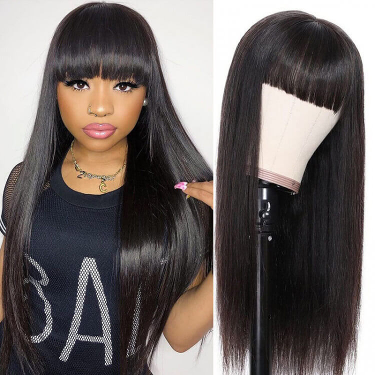 [Aicrelery] Straight Wig With Bangs Natural Color Straight Glueless Top Lace Human Hair Wigs