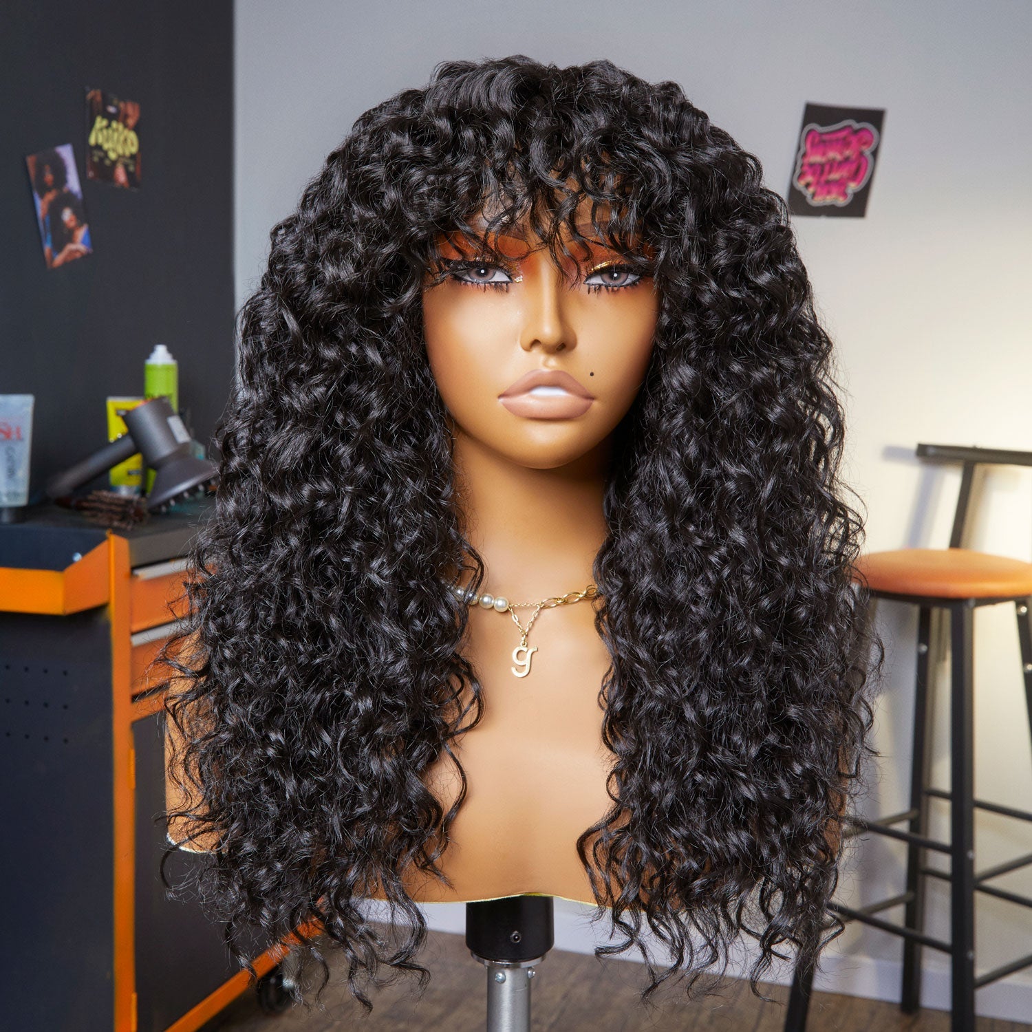 Zlike Curly Wave Wig With Bangs Natural Color Human Hair Glueless Wigs