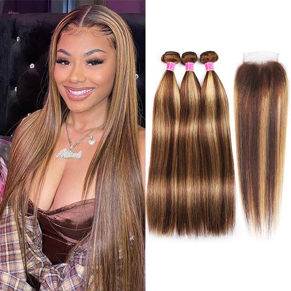 Highlight P4/27 Straight Hair 3 Bundles With 4x4 Lace Closure 100% Virgin Human Hair-Zlike