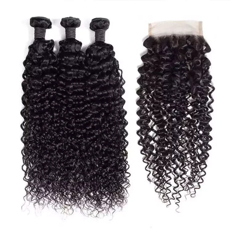 Black Jerry Curl Hair 3 Bundles with 4x4 Lace Closure 100% Virgin Human Hair Weave-Aaliweya